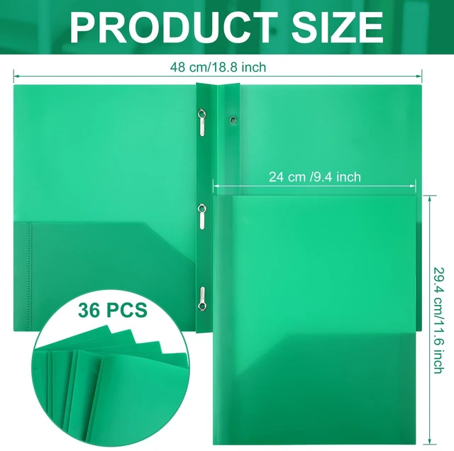 Alt view image 2 of 7 - 36 Pcs Plastic Folders with Pockets and Prongs,Green 2 Heavy Duty with 3 Metal Prongs, Clear Front Pocket, Card Slot, Letter Size, Bulk Supplies, Back to School, Office Workers