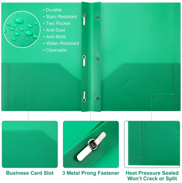 Alt view image 3 of 7 - 36 Pcs Plastic Folders with Pockets and Prongs,Green 2 Heavy Duty with 3 Metal Prongs, Clear Front Pocket, Card Slot, Letter Size, Bulk Supplies, Back to School, Office Workers