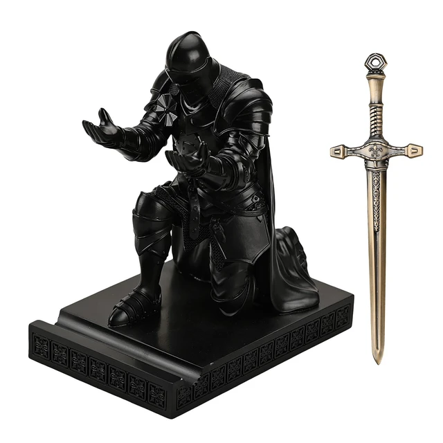 Alt view image 2 of 7 - Medieval Armored Knight Pen Holder Figurine Paperweight Phone Stand Black Warrior Wearing Outerwear, Resin Bookends, Fancy Desk Organizers Pencil Stand with a Metal Letter Opener for Home and Office