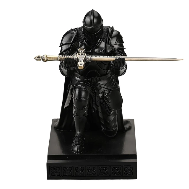 Alt view image 3 of 7 - Medieval Armored Knight Pen Holder Figurine Paperweight Phone Stand Black Warrior Wearing Outerwear, Resin Bookends, Fancy Desk Organizers Pencil Stand with a Metal Letter Opener for Home and Office