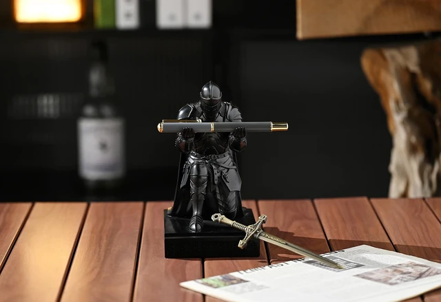 Alt view image 6 of 7 - Medieval Armored Knight Pen Holder Figurine Paperweight Phone Stand Black Warrior Wearing Outerwear, Resin Bookends, Fancy Desk Organizers Pencil Stand with a Metal Letter Opener for Home and Office
