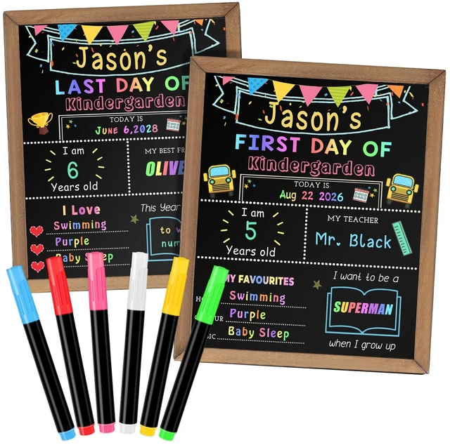 Main image of First and Last Day of School Sign, Back to School Board with 6 Markers Double-Sided, 10.5 x 14 Inch, Reusable Wooden Chalkboard, Preschool/Kindergarten/First Grade Photo Props for Kids