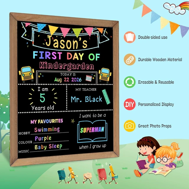 Alt view image 2 of 7 - First and Last Day of School Sign, Back to School Board with 6 Markers Double-Sided, 10.5 x 14 Inch, Reusable Wooden Chalkboard, Preschool/Kindergarten/First Grade Photo Props for Kids