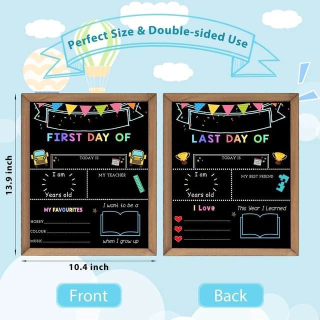 Alt view image 4 of 7 - First and Last Day of School Sign, Back to School Board with 6 Markers Double-Sided, 10.5 x 14 Inch, Reusable Wooden Chalkboard, Preschool/Kindergarten/First Grade Photo Props for Kids
