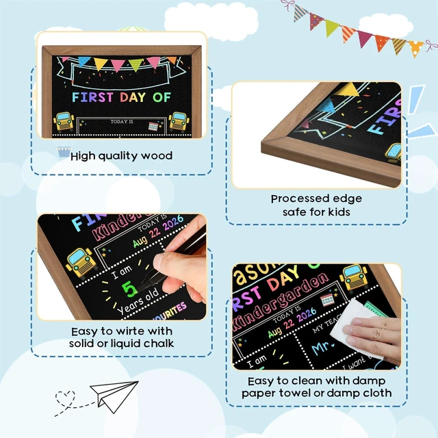 Alt view image 3 of 7 - First and Last Day of School Sign, Back to School Board with 6 Markers Double-Sided, 10.5 x 14 Inch, Reusable Wooden Chalkboard, Preschool/Kindergarten/First Grade Photo Props for Kids