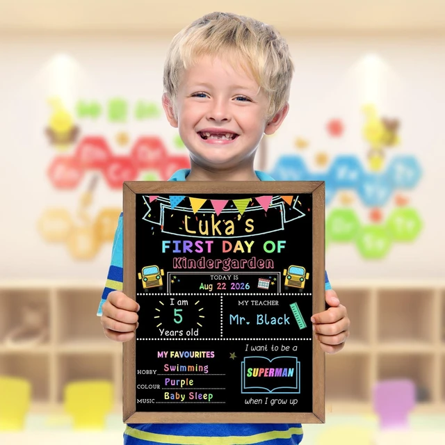 Alt view image 5 of 7 - First and Last Day of School Sign, Back to School Board with 6 Markers Double-Sided, 10.5 x 14 Inch, Reusable Wooden Chalkboard, Preschool/Kindergarten/First Grade Photo Props for Kids