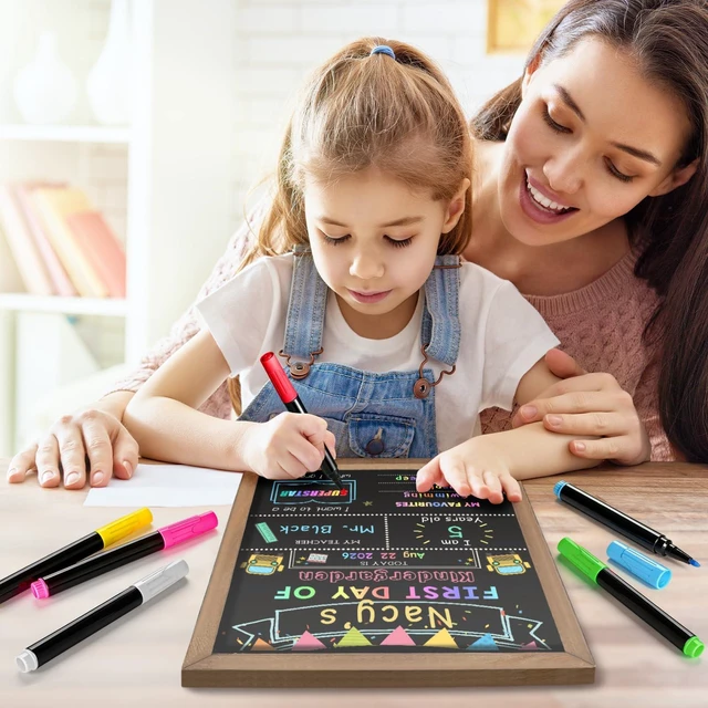 Alt view image 7 of 7 - First and Last Day of School Sign, Back to School Board with 6 Markers Double-Sided, 10.5 x 14 Inch, Reusable Wooden Chalkboard, Preschool/Kindergarten/First Grade Photo Props for Kids