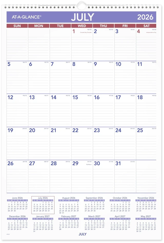 Main image of Wall Calendar 2026-2027 Planner, Academic 12-Month July-June, Monthly, 15-1/2" x 22-3/4", Ruled Daily Blocks (AY328), White
