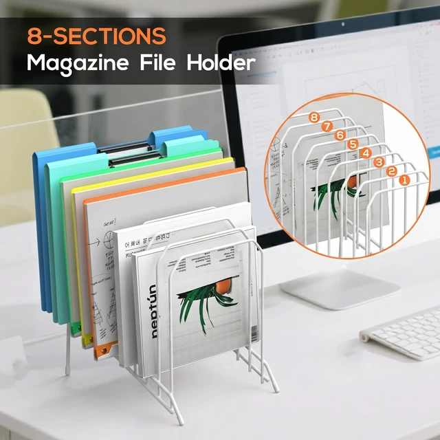 Alt view image 3 of 6 - Incline Sorter Desk File Organizer, Metal Desk Magazine Folder Holder with 8-Section Vertical Compartments Rack File Organizer for Office, Home, School (2, White)