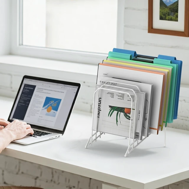 Alt view image 5 of 6 - Incline Sorter Desk File Organizer, Metal Desk Magazine Folder Holder with 8-Section Vertical Compartments Rack File Organizer for Office, Home, School (2, White)