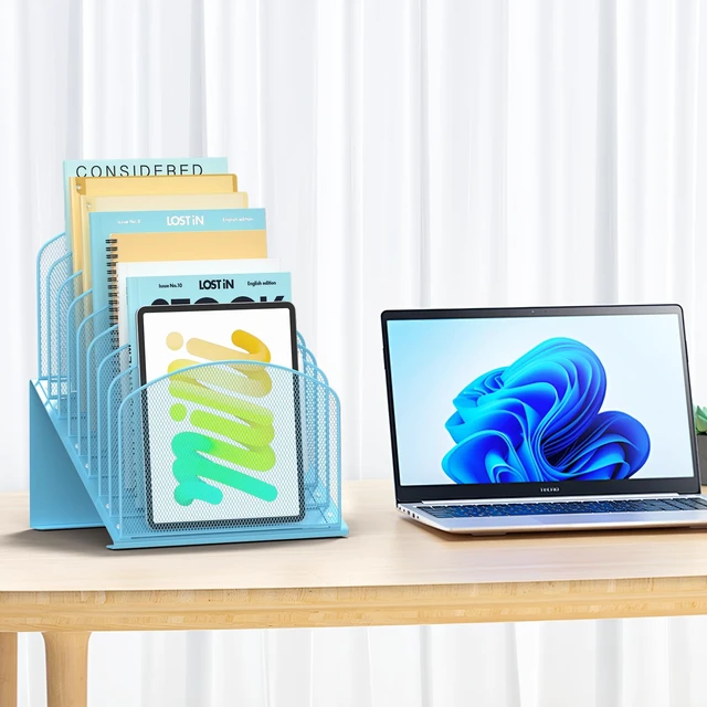 Alt view image 2 of 5 - Inclined Desk File Organizer Folder Holder with 8-Section, Blue