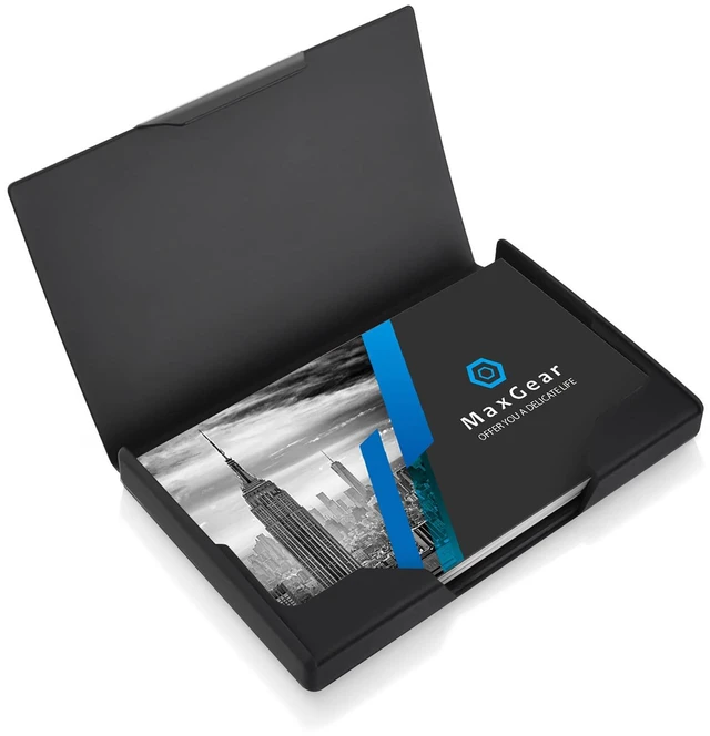 Main image of Stainless Steel & ABS Business Card Holder, Slim Card Case, Black Buckle Closure, Fits Standard Business Cards and Credit Cards