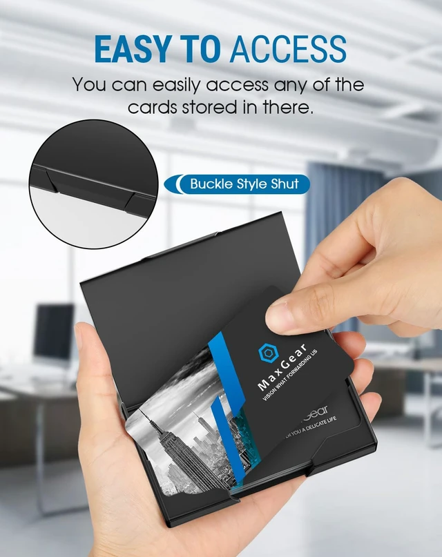 Alt view image 2 of 6 - Stainless Steel & ABS Business Card Holder, Slim Card Case, Black Buckle Closure, Fits Standard Business Cards and Credit Cards