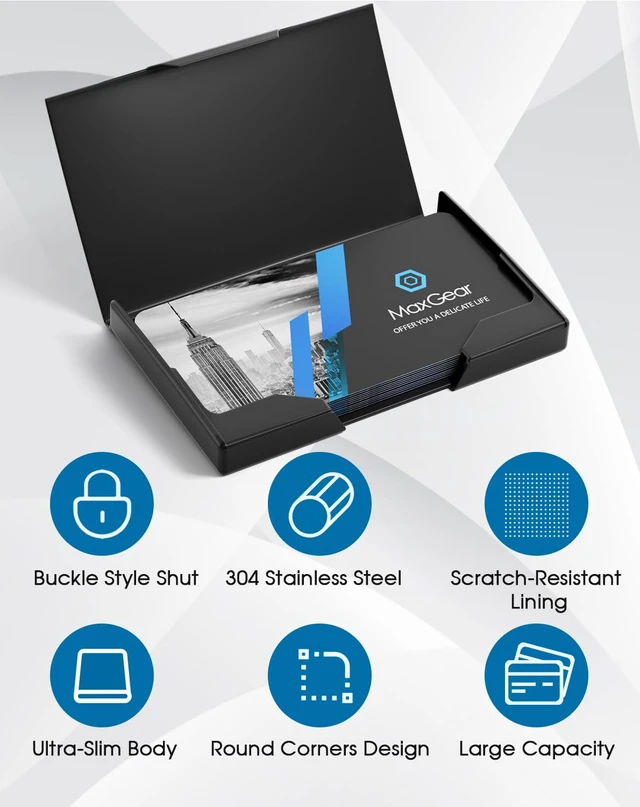 Alt view image 4 of 6 - Stainless Steel & ABS Business Card Holder, Slim Card Case, Black Buckle Closure, Fits Standard Business Cards and Credit Cards