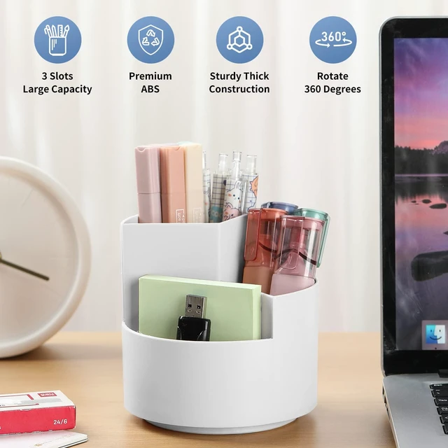 Alt view image 2 of 7 - Desk Pencil Pen Holder, 3 Slots 360-Degree Spinning Organizers, Desktop Storage Stationery Supplies, Cute Cup Pot for Office, School, Art Supply, Kids - Gray