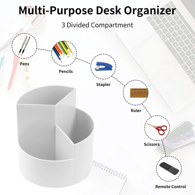 Alt view image 3 of 7 - Desk Pencil Pen Holder, 3 Slots 360-Degree Spinning Organizers, Desktop Storage Stationery Supplies, Cute Cup Pot for Office, School, Art Supply, Kids - Gray