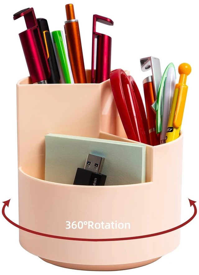 Main image of Desk Pencil Pen Holder, 3 Slots 360-Degree Spinning Organizers, Desktop Storage Stationery Supplies, Cute Cup Pot for Office, School, Art Supply, Kids - Pink