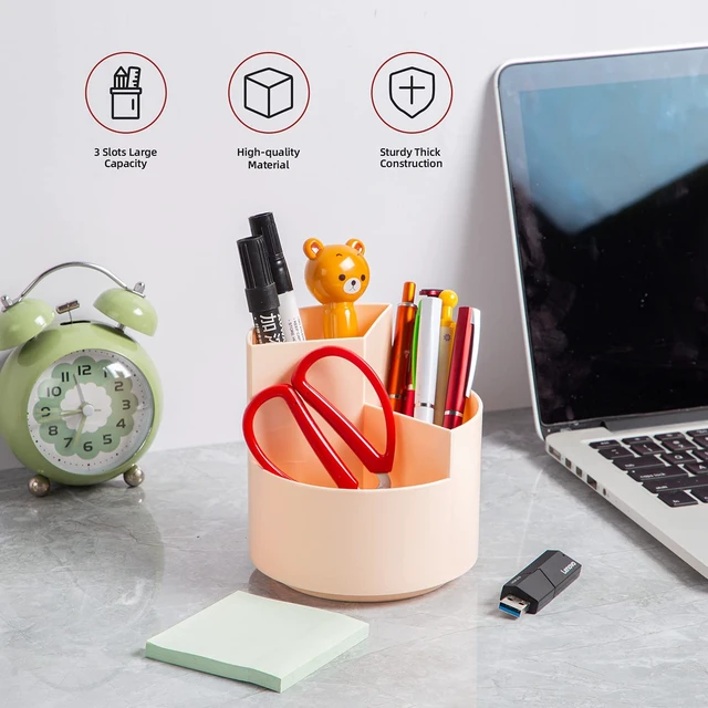 Alt view image 2 of 7 - Desk Pencil Pen Holder, 3 Slots 360-Degree Spinning Organizers, Desktop Storage Stationery Supplies, Cute Cup Pot for Office, School, Art Supply, Kids - Pink