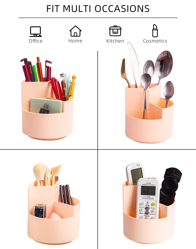 Alt view image 5 of 7 - Desk Pencil Pen Holder, 3 Slots 360-Degree Spinning Organizers, Desktop Storage Stationery Supplies, Cute Cup Pot for Office, School, Art Supply, Kids - Pink