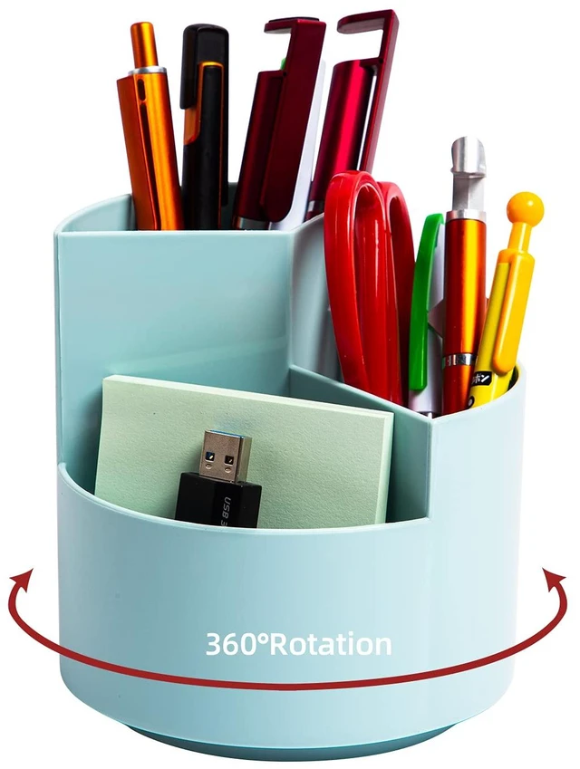 Main image of Desk Pencil Pen Holder, 3-Slot 360 Spinning Desk Organizer, Cute Pencil Cup Pot for Office, School, Art Supply - Blue