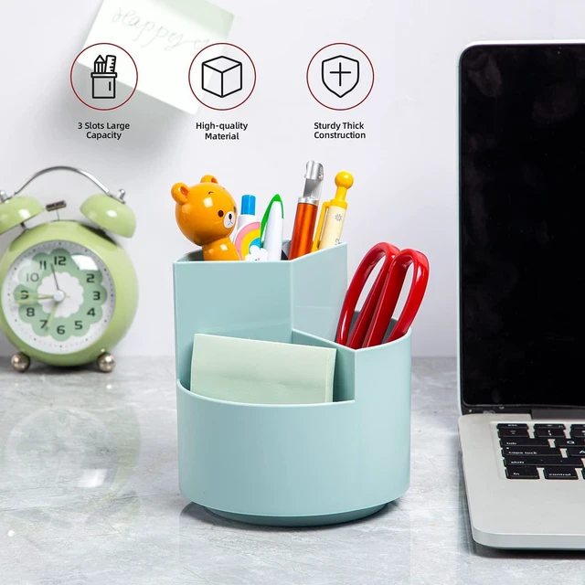 Alt view image 2 of 7 - Desk Pencil Pen Holder, 3-Slot 360 Spinning Desk Organizer, Cute Pencil Cup Pot for Office, School, Art Supply - Blue