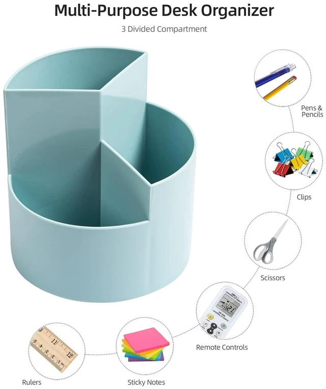 Alt view image 3 of 7 - Desk Pencil Pen Holder, 3-Slot 360 Spinning Desk Organizer, Cute Pencil Cup Pot for Office, School, Art Supply - Blue
