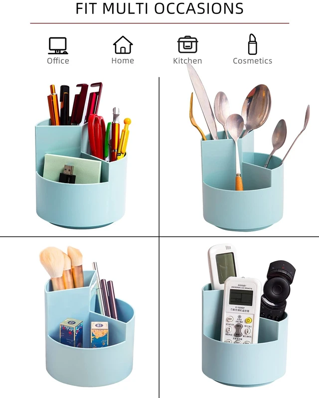 Alt view image 5 of 7 - Desk Pencil Pen Holder, 3-Slot 360 Spinning Desk Organizer, Cute Pencil Cup Pot for Office, School, Art Supply - Blue