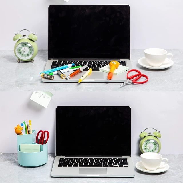 Alt view image 4 of 7 - Desk Pencil Pen Holder, 3-Slot 360 Spinning Desk Organizer, Cute Pencil Cup Pot for Office, School, Art Supply - Blue