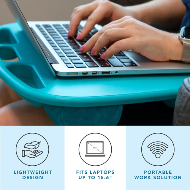 Alt view image 2 of 7 - MyDesk Lap Desk Turquoise, Fits 15.6 Laptops Built-In Device Ledge, Dual Storage Wells, Airflow Dual-Bolster Microbead Cushion, Carry Handle