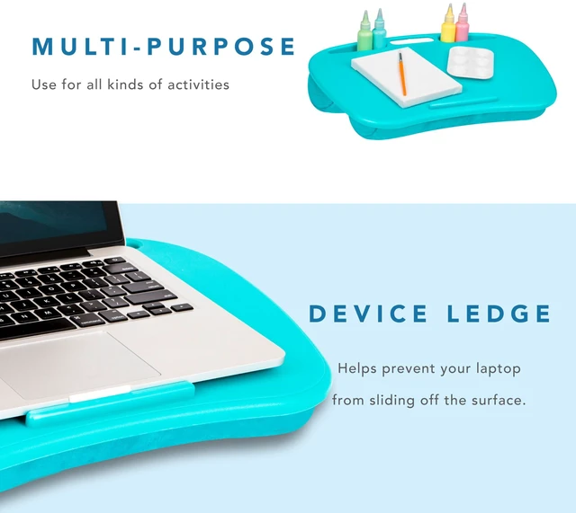Alt view image 4 of 7 - MyDesk Lap Desk Turquoise, Fits 15.6 Laptops Built-In Device Ledge, Dual Storage Wells, Airflow Dual-Bolster Microbead Cushion, Carry Handle