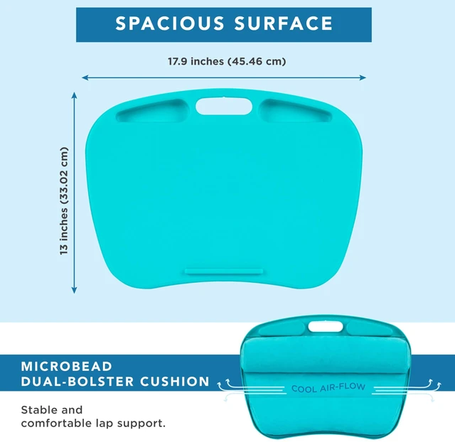 Alt view image 5 of 7 - MyDesk Lap Desk Turquoise, Fits 15.6 Laptops Built-In Device Ledge, Dual Storage Wells, Airflow Dual-Bolster Microbead Cushion, Carry Handle