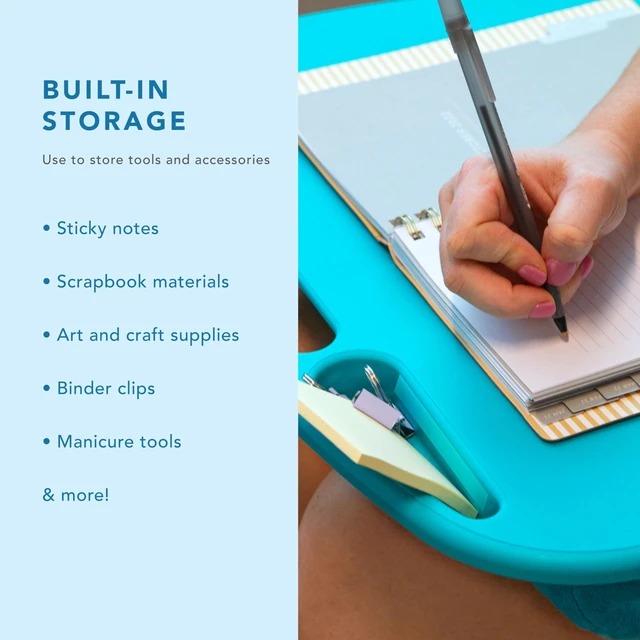 Alt view image 6 of 7 - MyDesk Lap Desk Turquoise, Fits 15.6 Laptops Built-In Device Ledge, Dual Storage Wells, Airflow Dual-Bolster Microbead Cushion, Carry Handle