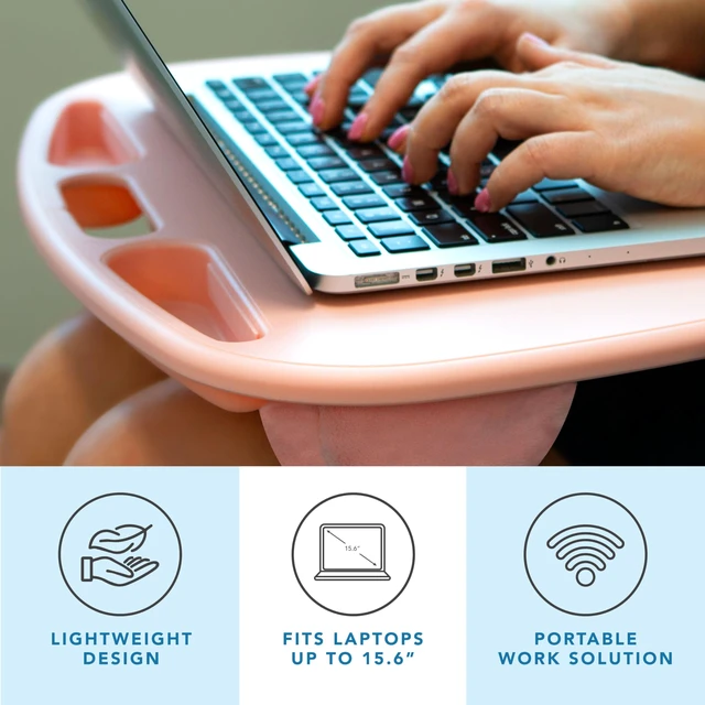 Alt view image 2 of 7 - MyDesk Lap Desk Rose Quartz, Fits 15.6 Laptops Built-In Device Ledge, Dual Storage Wells, Airflow Dual-Bolster Microbead Cushion, Carry Handle