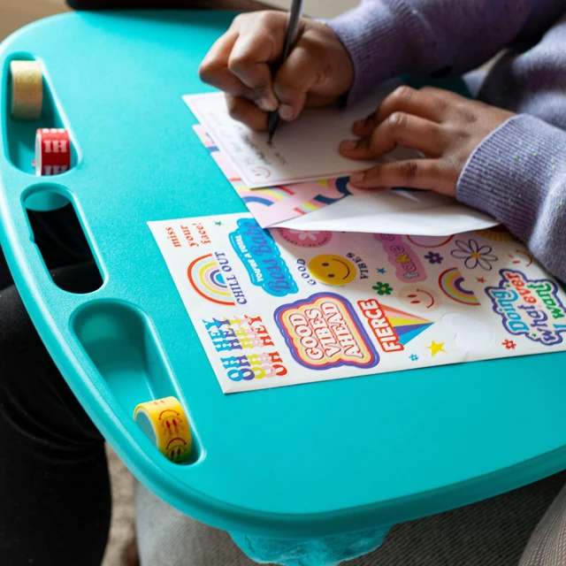 Alt view image 7 of 7 - MyDesk Lap Desk Turquoise, Fits 15.6 Laptops Built-In Device Ledge, Dual Storage Wells, Airflow Dual-Bolster Microbead Cushion, Carry Handle
