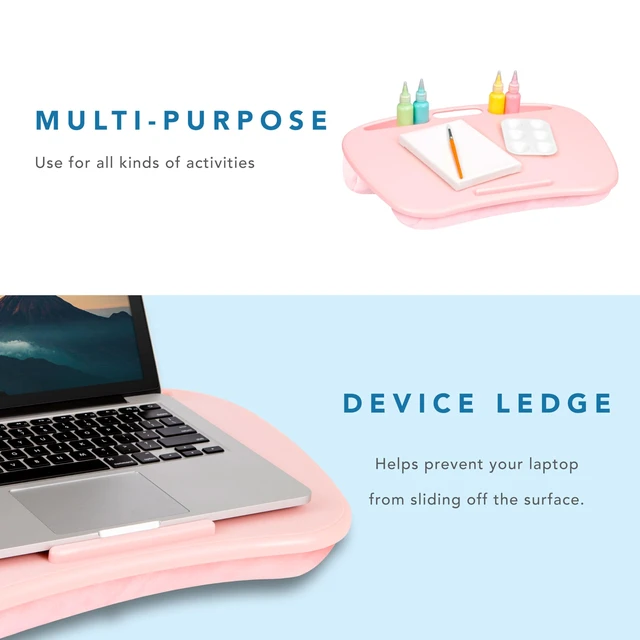 Alt view image 4 of 7 - MyDesk Lap Desk Rose Quartz, Fits 15.6 Laptops Built-In Device Ledge, Dual Storage Wells, Airflow Dual-Bolster Microbead Cushion, Carry Handle