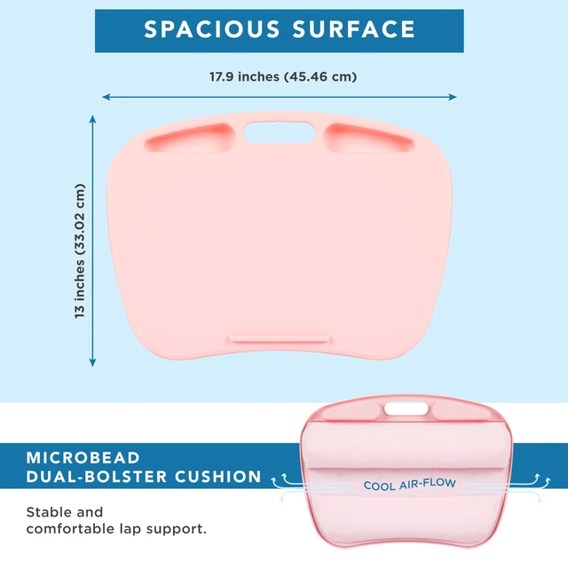 Alt view image 5 of 7 - MyDesk Lap Desk Rose Quartz, Fits 15.6 Laptops Built-In Device Ledge, Dual Storage Wells, Airflow Dual-Bolster Microbead Cushion, Carry Handle