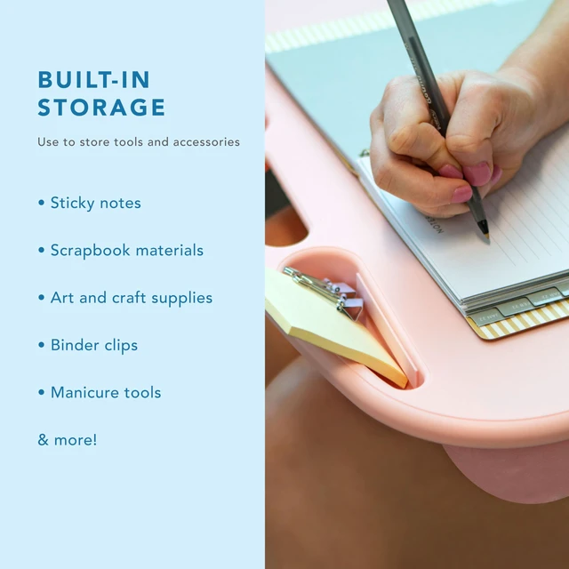 Alt view image 6 of 7 - MyDesk Lap Desk Rose Quartz, Fits 15.6 Laptops Built-In Device Ledge, Dual Storage Wells, Airflow Dual-Bolster Microbead Cushion, Carry Handle