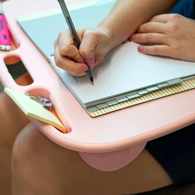 Alt view image 7 of 7 - MyDesk Lap Desk Rose Quartz, Fits 15.6 Laptops Built-In Device Ledge, Dual Storage Wells, Airflow Dual-Bolster Microbead Cushion, Carry Handle