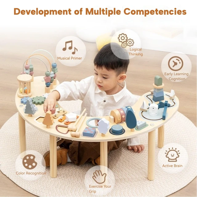 Alt view image 3 of 7 - Montessori Activity Table for 1-3 Year Old, All in 1 Sensory Toy Wooden Baby Toys, Kids Sensory Table, 1 Year Old Boy Girl Gift, Large-size Bead Mazes & Busy Board, Montessori Toys for 1yr+