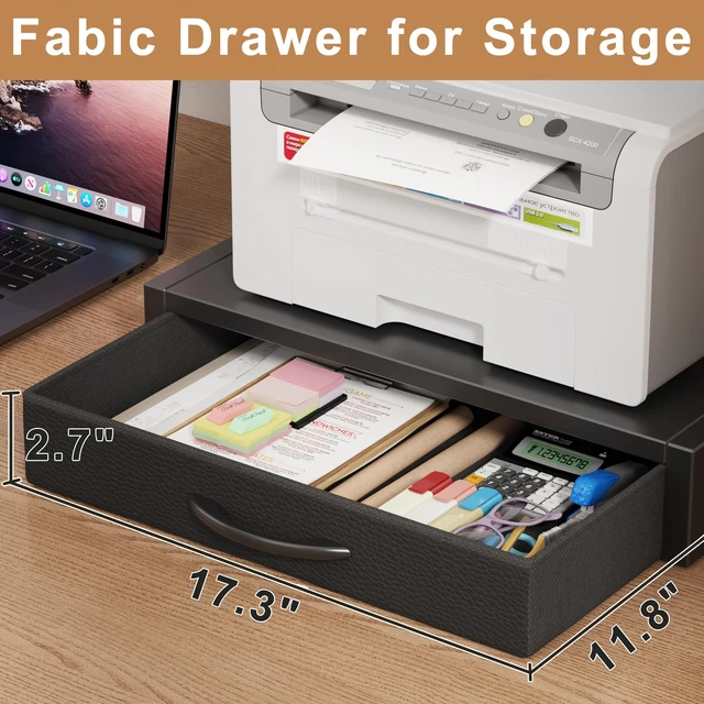Alt view image 3 of 7 - 2-Tier Desktop Printer Stand with Fabric Drawer,19.6"x14.9" Black Printer Table with Storage Shelf,Desk Organizer for Home Office,Fit Printer,Fax Machine,Scanner,Space Saving for Two Monitors