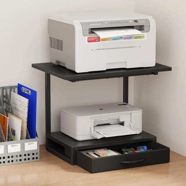 Main image of 2-Tier Desktop Printer Stand with Fabric Drawer,19.6"x14.9" Black Printer Table with Storage Shelf,Desk Organizer for Home Office,Fit Printer,Fax Machine,Scanner,Space Saving for Two Monitors