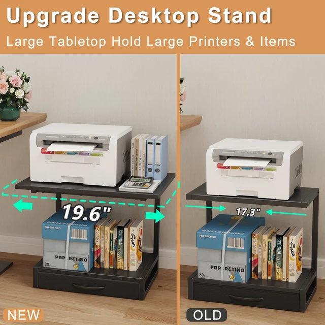 Alt view image 2 of 7 - 2-Tier Desktop Printer Stand with Fabric Drawer,19.6"x14.9" Black Printer Table with Storage Shelf,Desk Organizer for Home Office,Fit Printer,Fax Machine,Scanner,Space Saving for Two Monitors