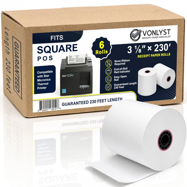 Main image of Receipt Paper Roll 3 1/8 x 230 for Square Register and Square POS System connected to Star Micronics Thermal Printer (Pack 06 rolls)