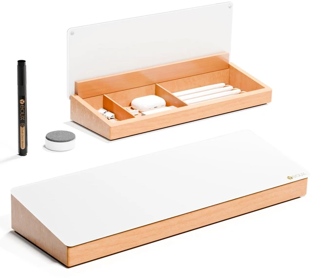 Main image of Glass Desktop Whiteboard with Wood Organizer for Small Office Accessories, Aesthetic Desk Dry Erase White Board with Drawer for Home Office Cubicle, Marker & Eraser Included