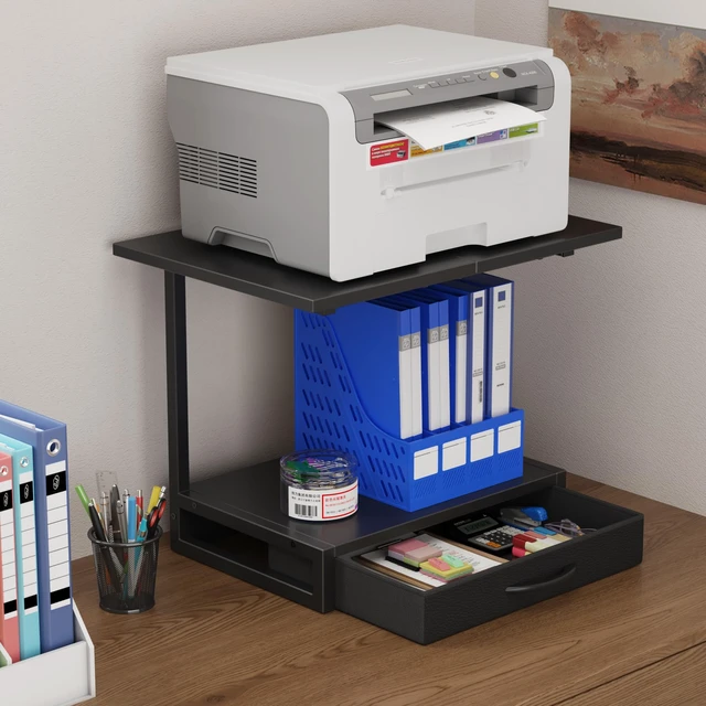 Alt view image 4 of 7 - 2-Tier Desktop Printer Stand with Fabric Drawer,19.6"x14.9" Black Printer Table with Storage Shelf,Desk Organizer for Home Office,Fit Printer,Fax Machine,Scanner,Space Saving for Two Monitors