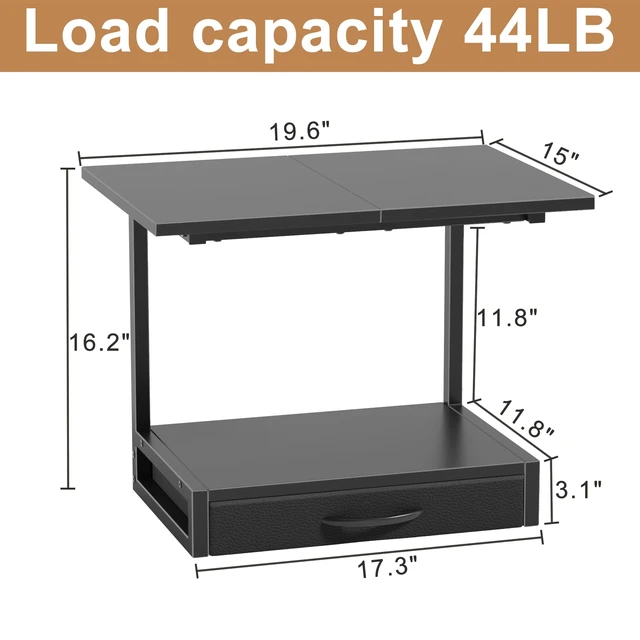 Alt view image 5 of 7 - 2-Tier Desktop Printer Stand with Fabric Drawer,19.6"x14.9" Black Printer Table with Storage Shelf,Desk Organizer for Home Office,Fit Printer,Fax Machine,Scanner,Space Saving for Two Monitors