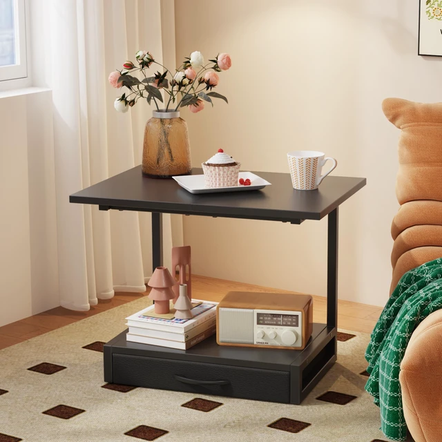 Alt view image 7 of 7 - 2-Tier Desktop Printer Stand with Fabric Drawer,19.6"x14.9" Black Printer Table with Storage Shelf,Desk Organizer for Home Office,Fit Printer,Fax Machine,Scanner,Space Saving for Two Monitors