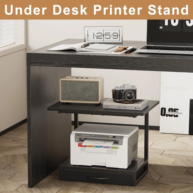 Alt view image 6 of 7 - 2-Tier Desktop Printer Stand with Fabric Drawer,19.6"x14.9" Black Printer Table with Storage Shelf,Desk Organizer for Home Office,Fit Printer,Fax Machine,Scanner,Space Saving for Two Monitors