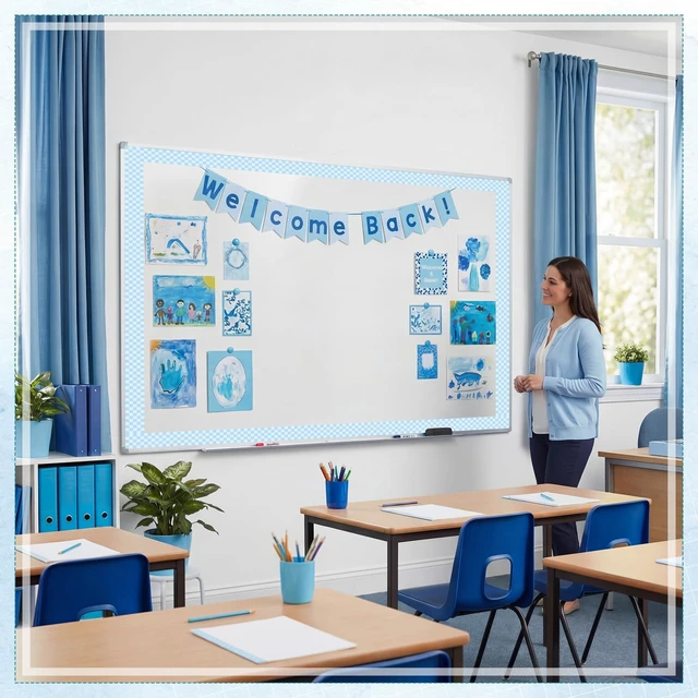 Alt view image 4 of 7 - 48 ft x 2.76 Inch Magnetic Checkerboard Border,Blue Gingham Bulletin Board Trim Decoration, Reusable Whiteboard Magnetic Strips Roll for School Office Chalkboard