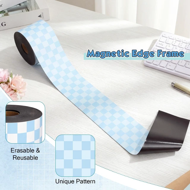 Alt view image 3 of 7 - 48 ft x 2.76 Inch Magnetic Checkerboard Border,Blue Gingham Bulletin Board Trim Decoration, Reusable Whiteboard Magnetic Strips Roll for School Office Chalkboard